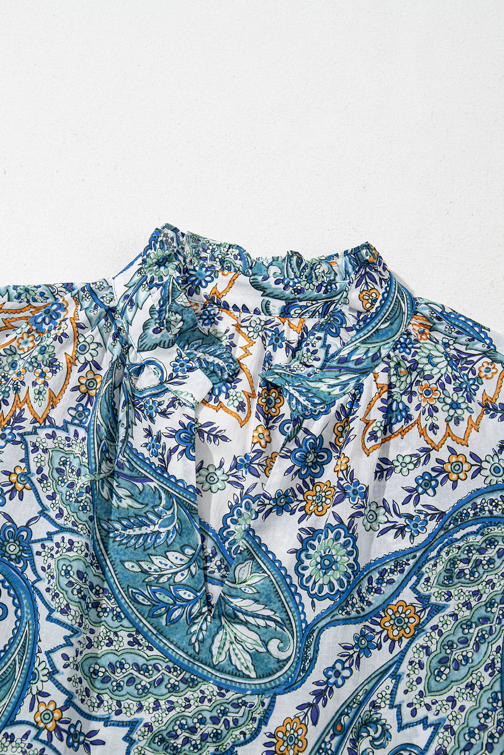 Blue Bohemian Paisley Floral V Neck Puff Sleeve Mini Dress - The Fair Lady Shop