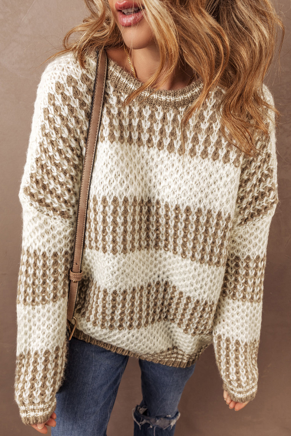 Brown Cable Knit Drop Shoulder Round Neck Sweater - The Fair Lady Shop