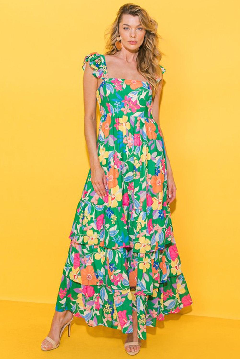 Pink Floral Print Sleeveless Ruffle Tiered Maxi Dress - The Fair Lady Shop
