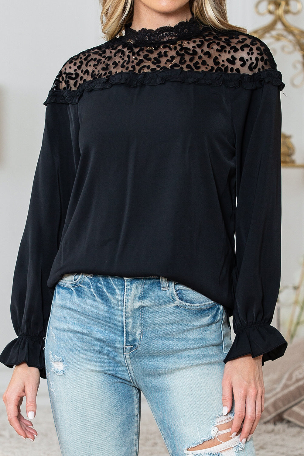 Black Leopard Sheer Splicing Lace Neck Ruffle Blouse - The Fair Lady Shop