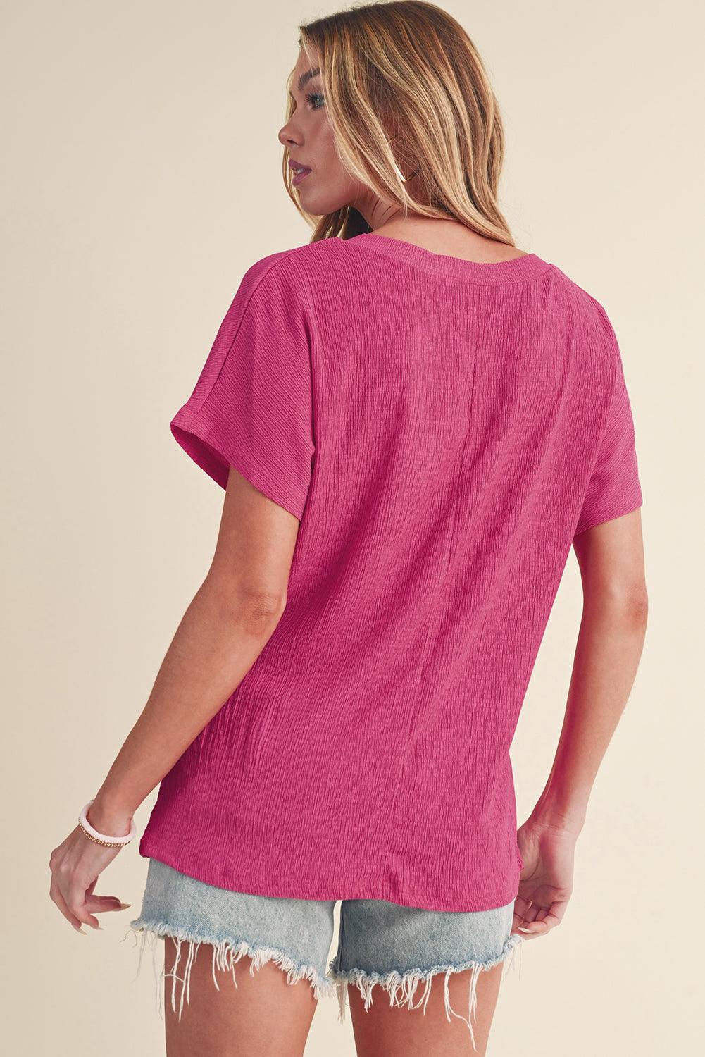 Blue Plain Crinkled V Neck Flounce Sleeve T Shirt - The Fair Lady Shop