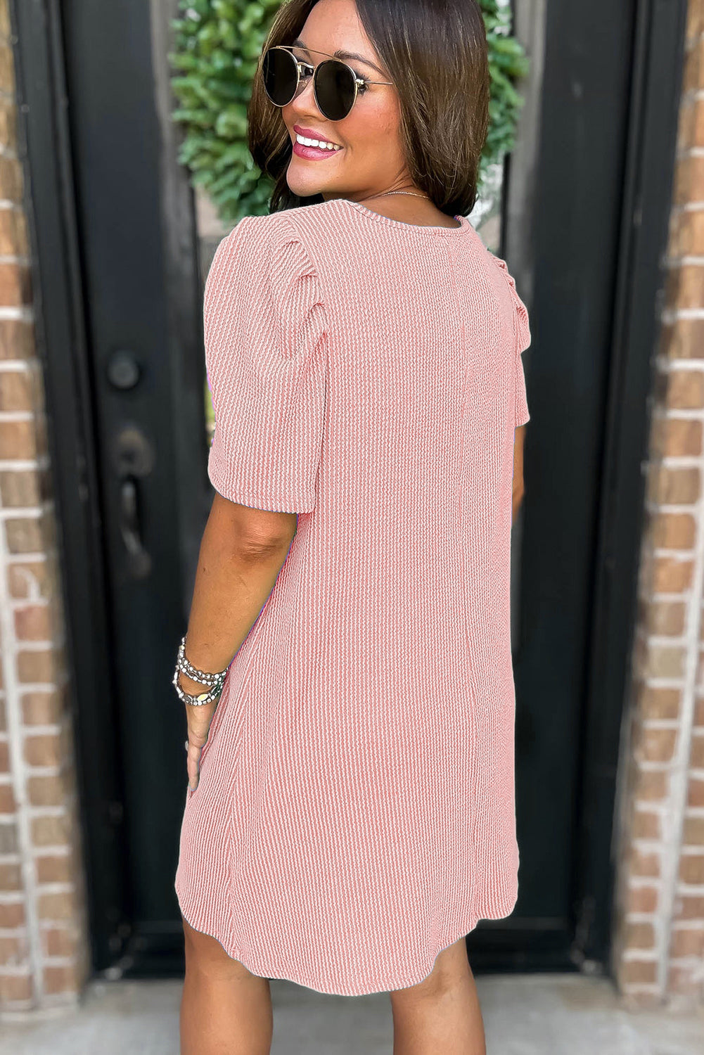 Blossom Corded Crew Neck Puff Sleeve Mini Dress - The Fair Lady Shop