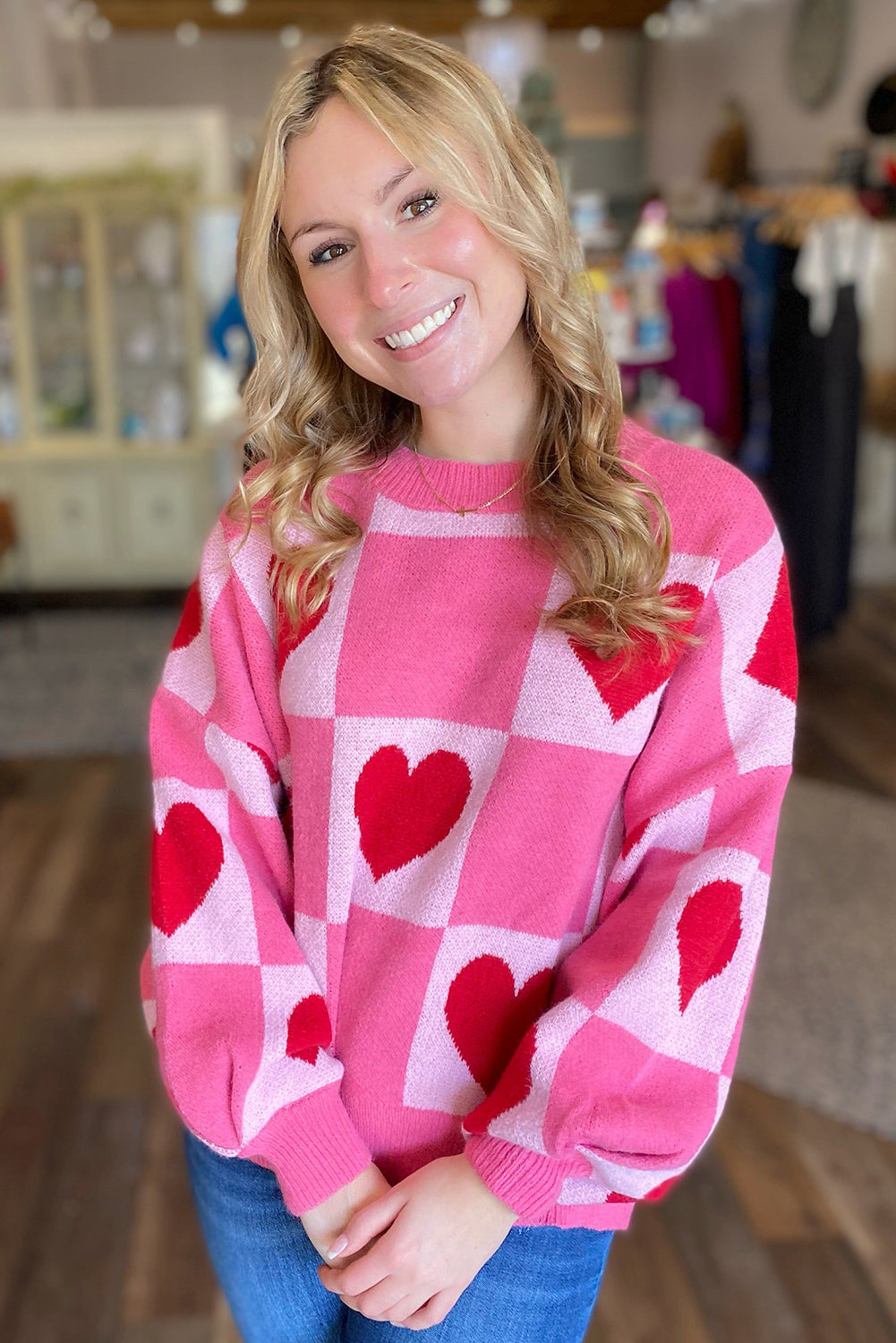 Pink Love Heart Checkered Valentine Knit Sweater - The Fair Lady Shop