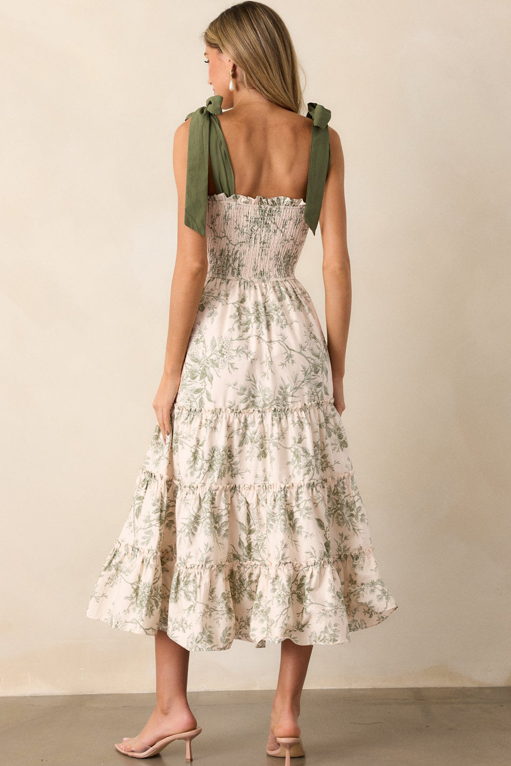 Green Floral Smocked High Waist Tiered Midi Dress - The Fair Lady Shop