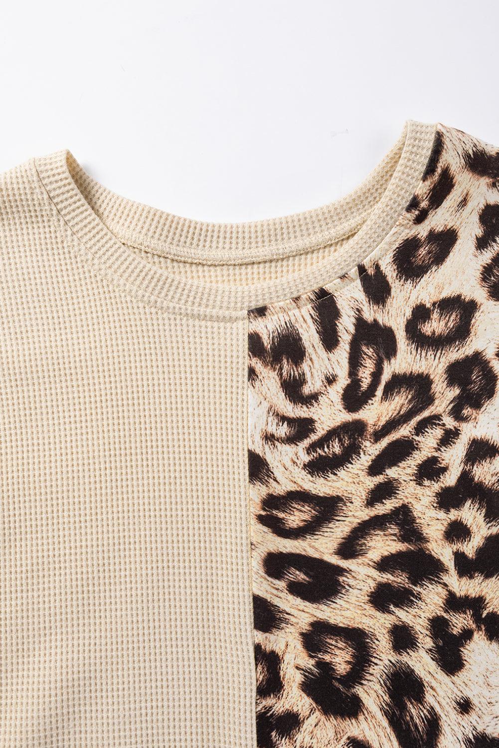 Bonbon Casual Waffle Knit Leopard Contrast Long Sleeve Top - The Fair Lady Shop