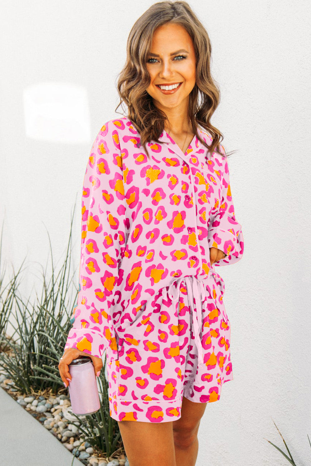 Pink Leopard Print Long Sleeve Shirt and Shorts Pajama Set - The Fair Lady Shop