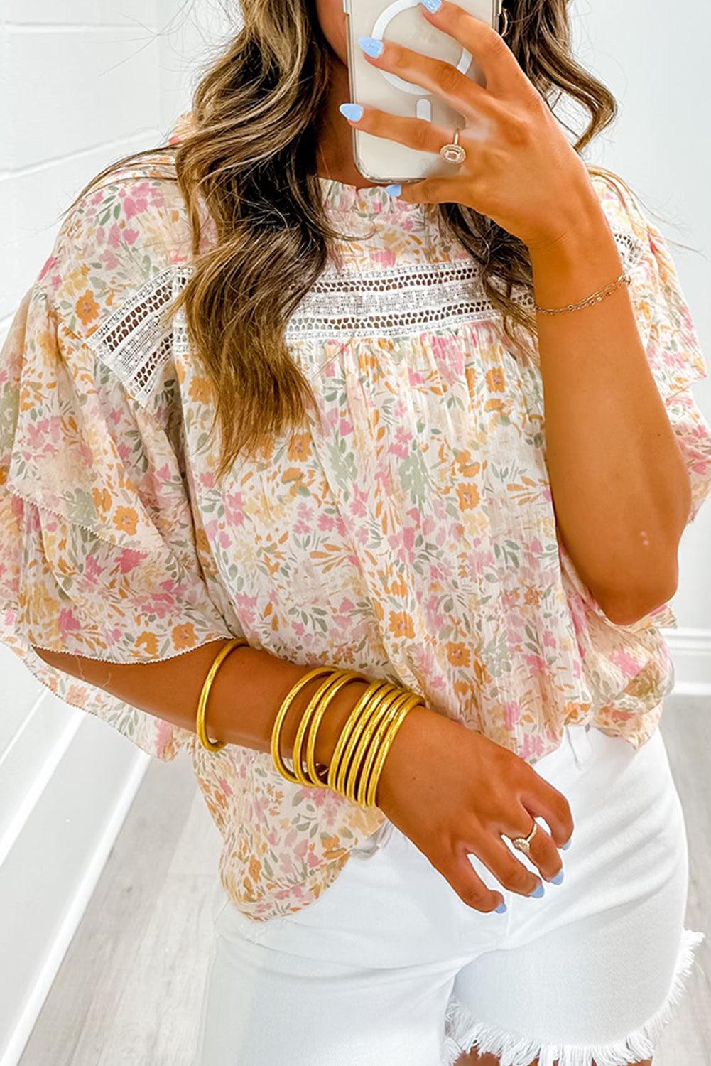 Multicolor Floral Print Wide Batwing Sleeves Blouse - The Fair Lady Shop