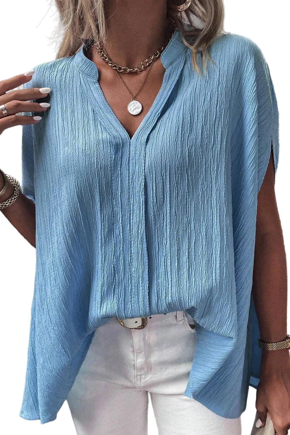 Dusk Blue V Neck Crinkle Dolman Blouse - The Fair Lady Shop