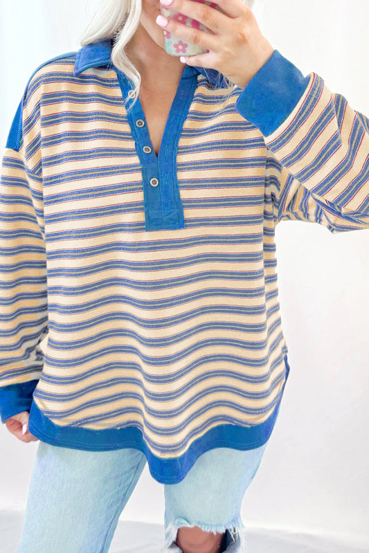 Blue Stripe Collared V Neck Drop Shoulder Top - The Fair Lady Shop