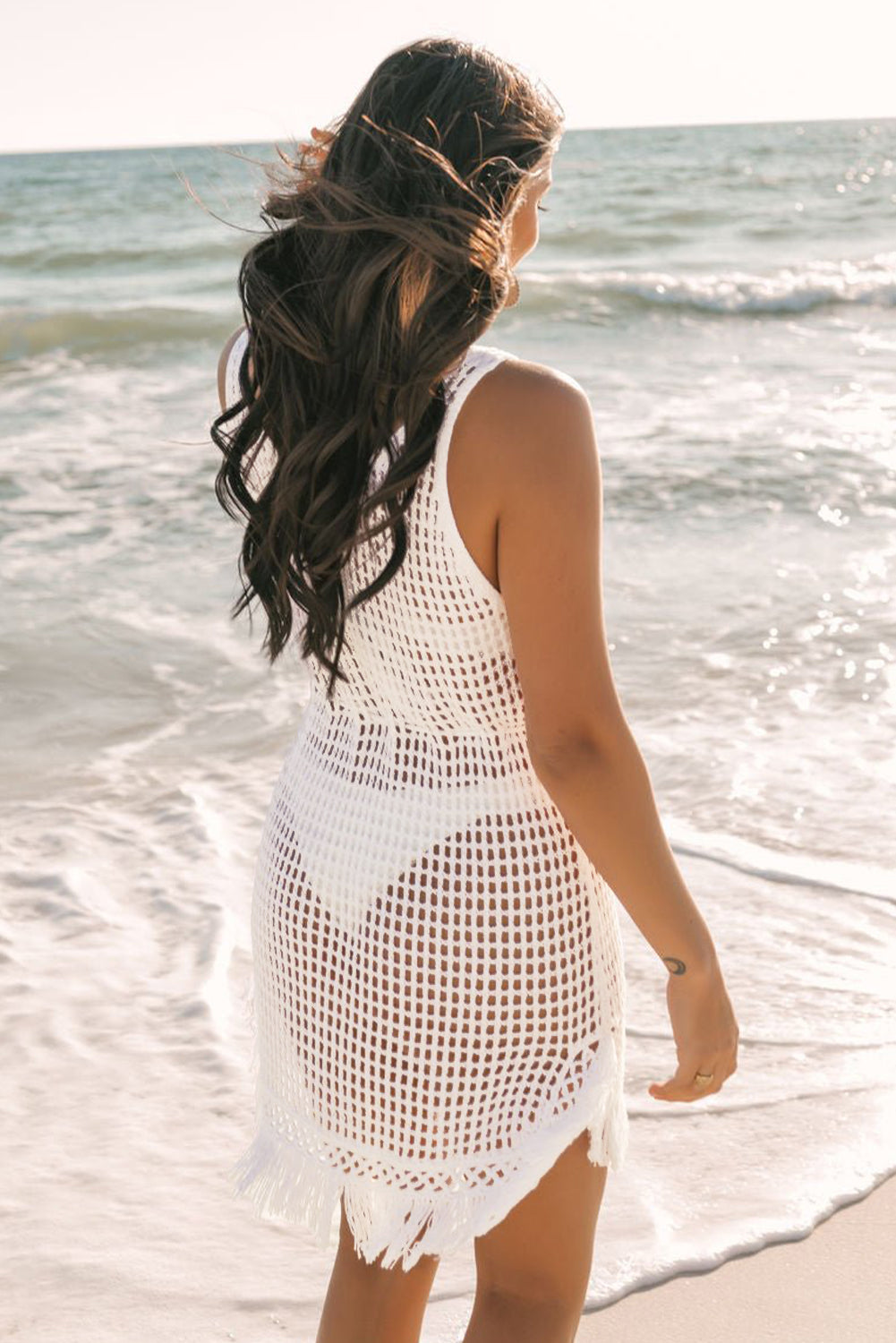 White Crochet Fishnet Fringe Hem Beach Cover Up - The Fair Lady Shop