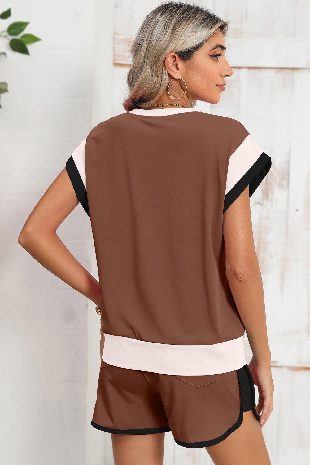 Peach Blossom Color Block Loose Fit Top & Elastic Waist Shorts Set - The Fair Lady Shop