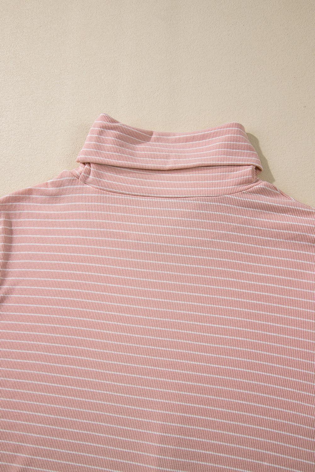 Pink Stripe Cowl Neck Side Slits Loose Fit Long Sleeve Top - The Fair Lady Shop