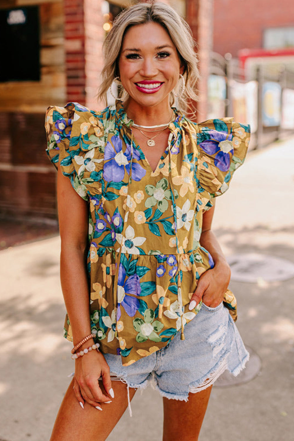 Yellow Floral Print Tie V Neck Ruffle Top - The Fair Lady Shop
