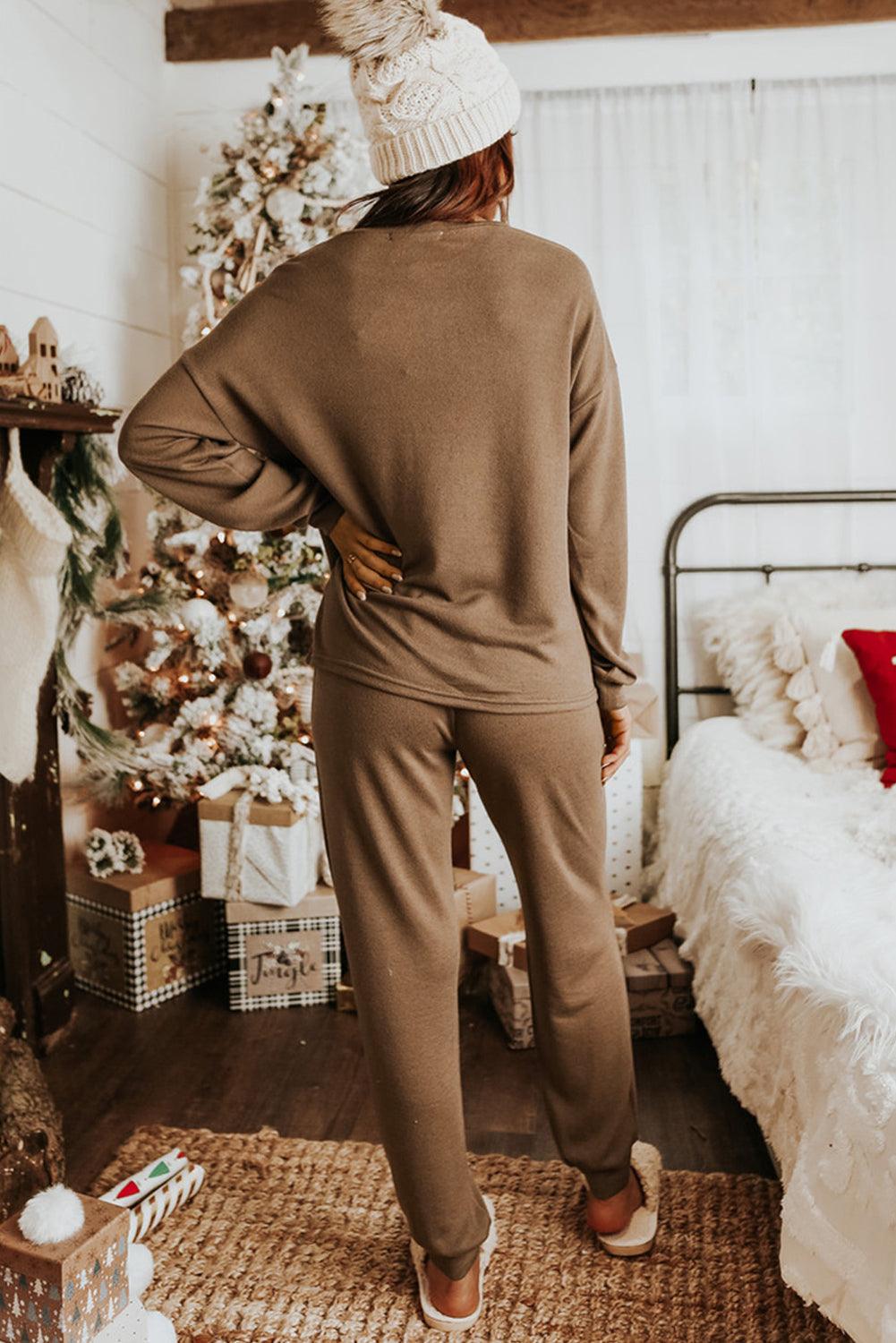 Khaki Long Sleeve Pullover & Jogger Pants Loungewear Set - The Fair Lady Shop