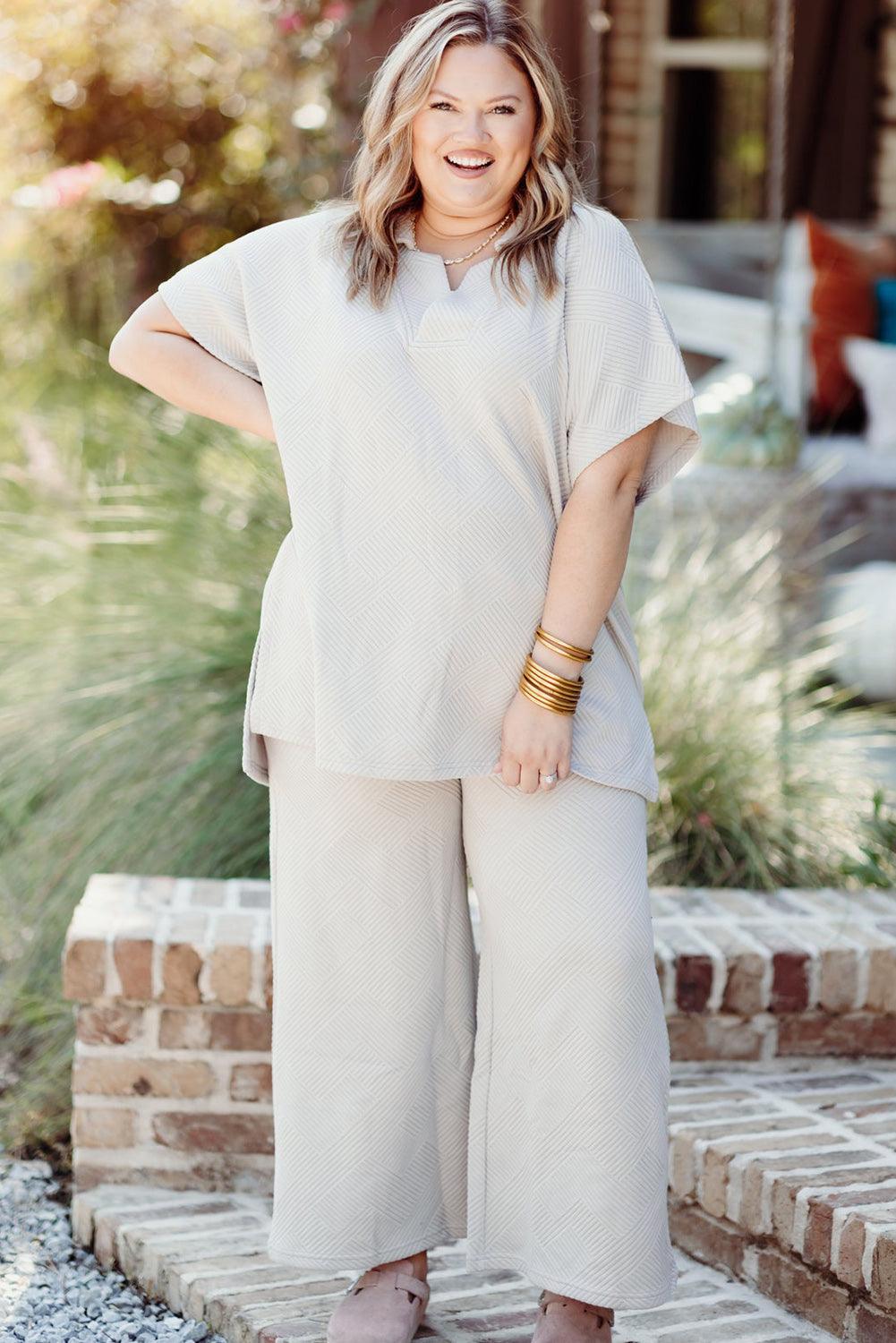 Beige Plus Size Textured Collared Top and Drawstring Pants Set - The Fair Lady Shop