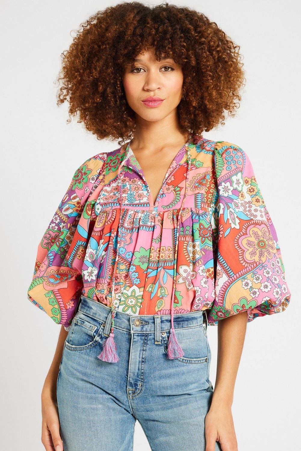 Multicolour Boho Floral Tie V Neck Pleated Blouse - The Fair Lady Shop