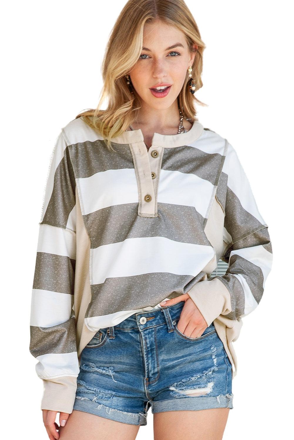 Multicolor Stripes Print Exposed Seam Long Sleeve Henley Shirt - The Fair Lady Shop