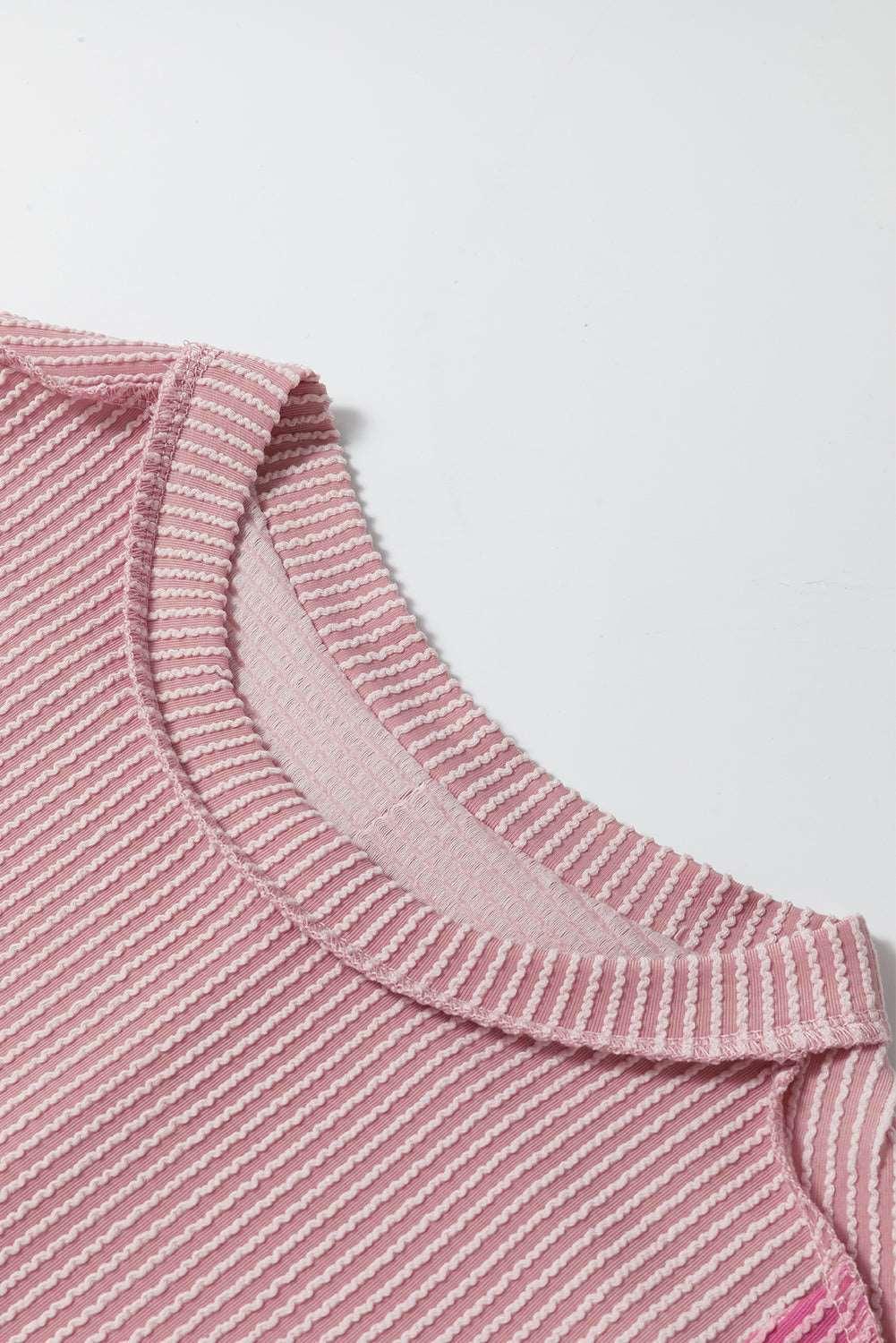 Apricot Pink Colorblock Ribbed Round Neck T Shirt - The Fair Lady Shop