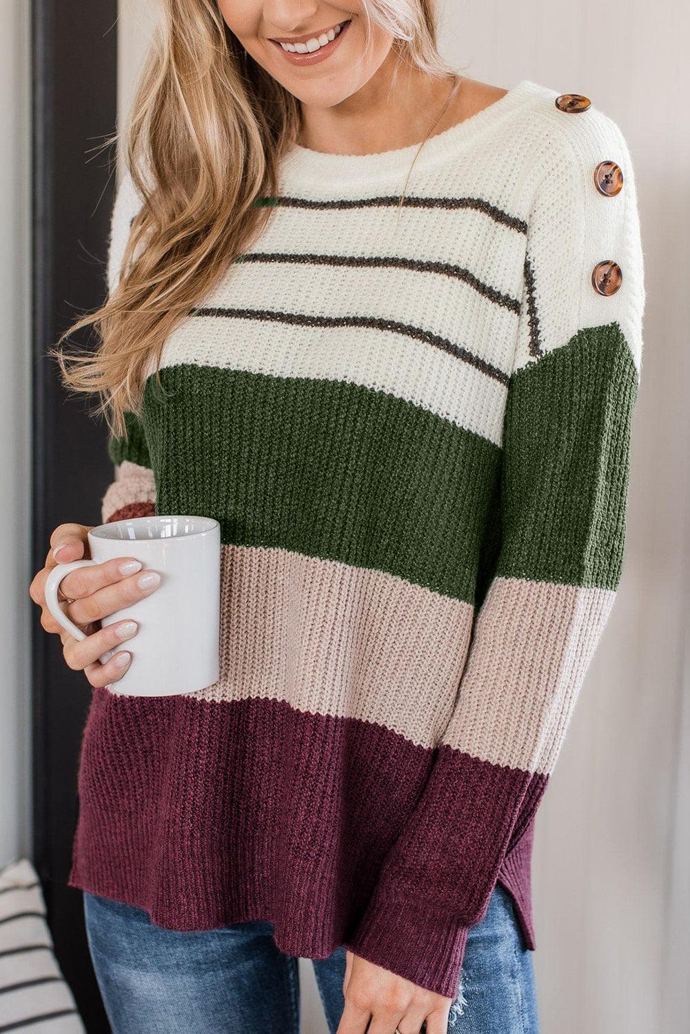 Green Color Block Striped Buttoned Shoulder Split Sweater - The Fair Lady Shop