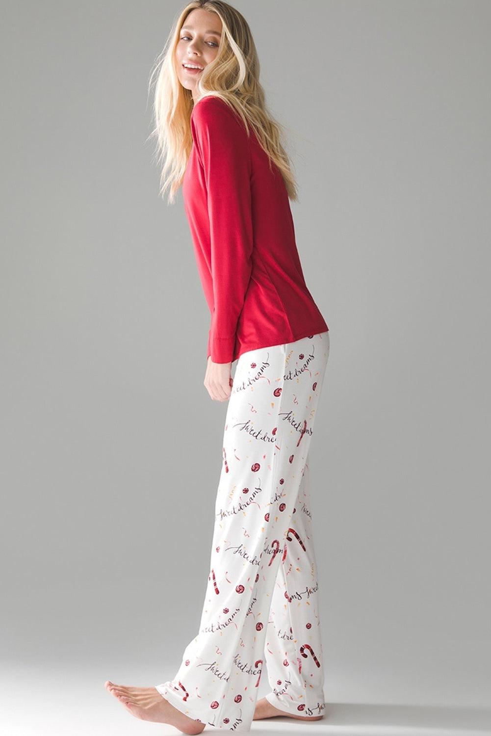 Red Solid Top and Christmas Print Pants Pajama Set - The Fair Lady Shop