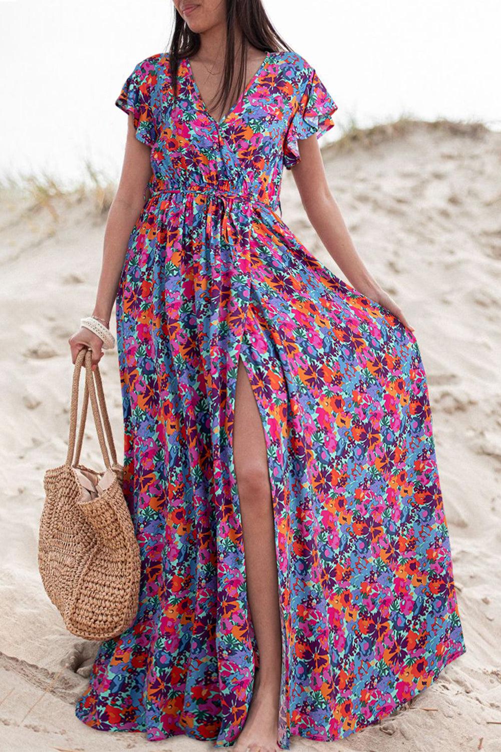 Blue Boho Floral Print V Neck Wrap Split Maxi Dress - The Fair Lady Shop