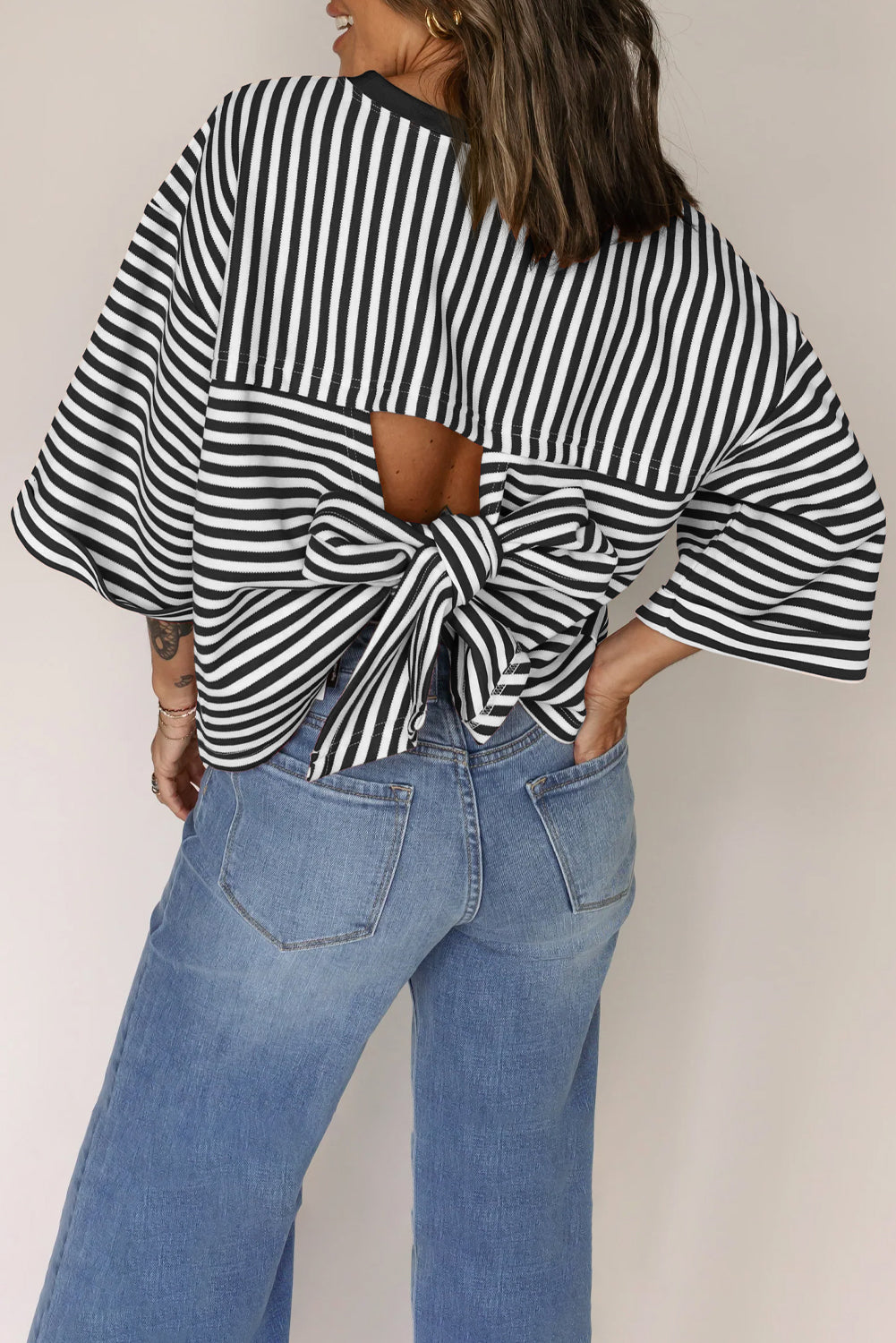Black Stripe Bowknot Backless T-Shirt - The Fair Lady Shop