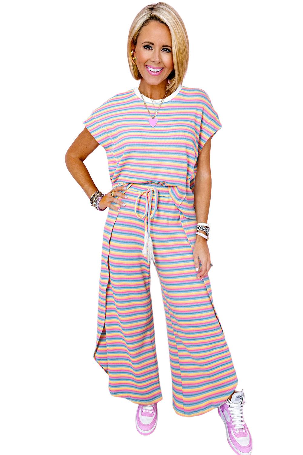 Yellow Stripe Rainbow Tee and Tassel Drawstring Wide Leg Pants Set - The Fair Lady Shop