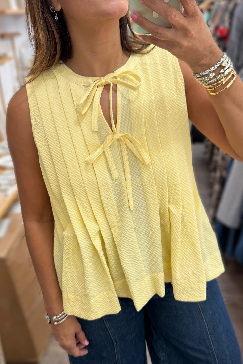 Yellow Cream Bow Tie Notched Neck Pleated Sleeveless Top - The Fair Lady Shop