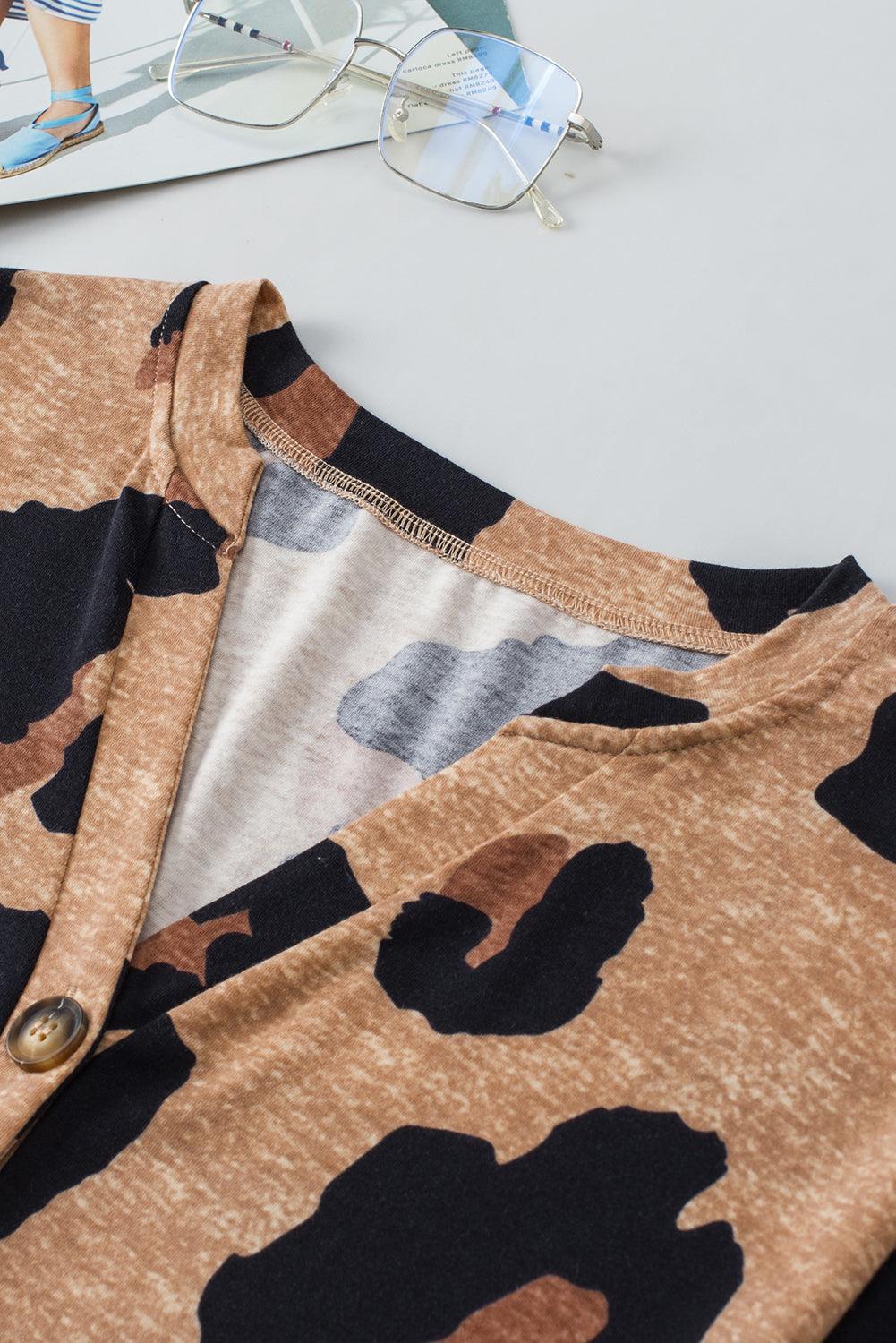 Light Beige Leopard Print Button V Neck T Shirt - The Fair Lady Shop