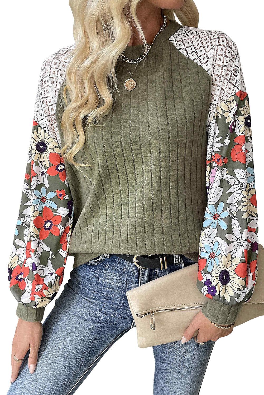 Laurel Green Floral Patchwork Raglan Sleeve Ribbed Blouse - The Fair Lady Shop