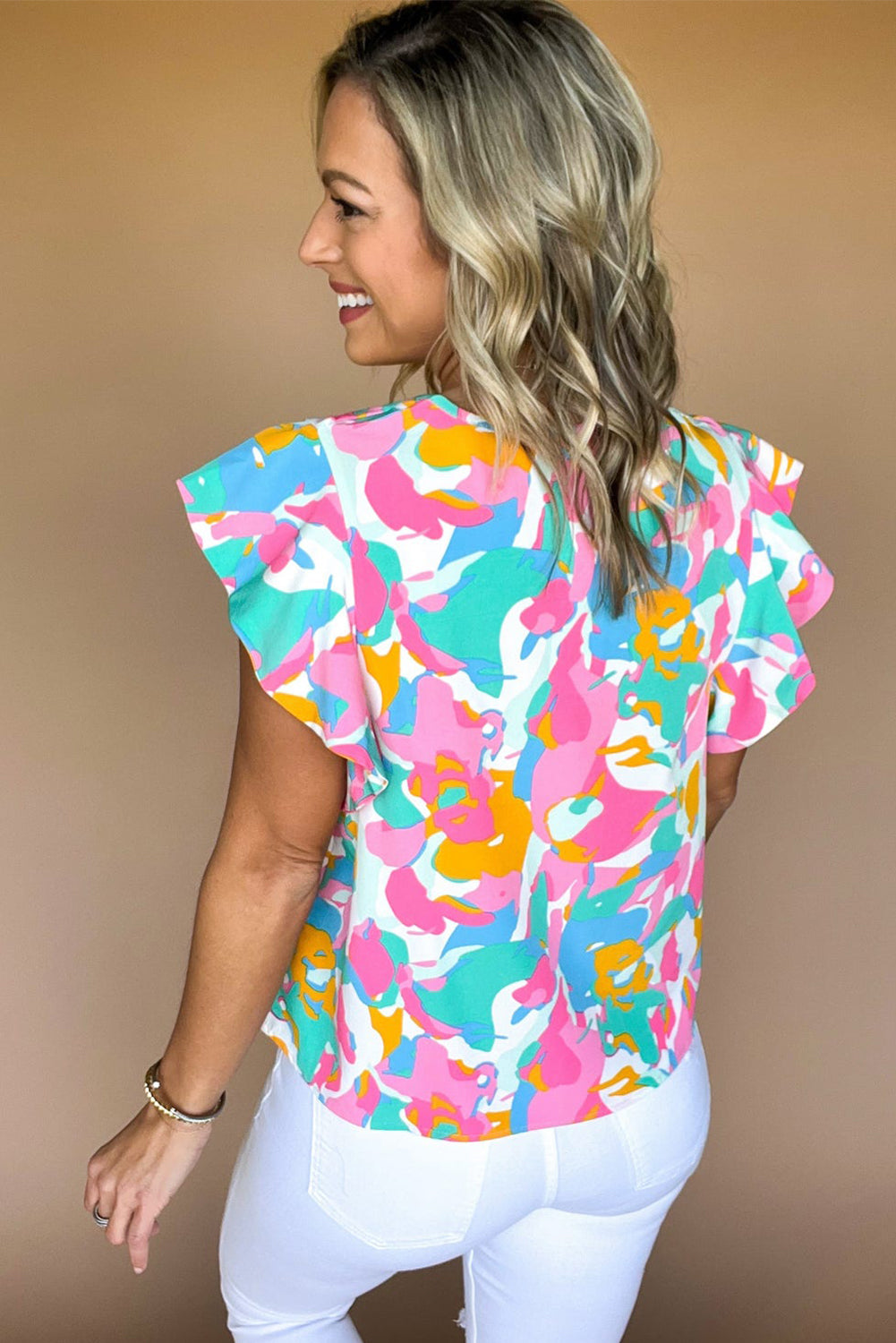 Multicolour Abstract Print Smocked Notched Neck Ruffle Blouse - The Fair Lady Shop