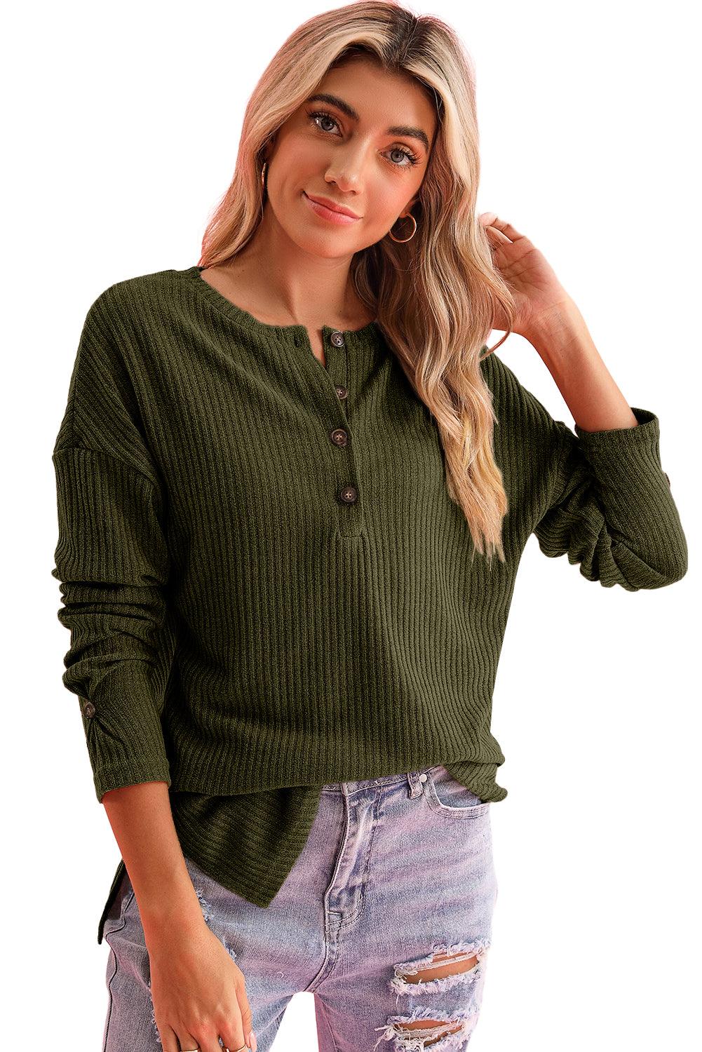 Rose Drop Shoulder Ribbed Knit Long Sleeve Henley Top - The Fair Lady Shop