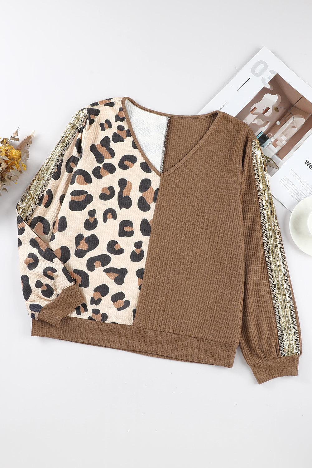 Brown Leopard Print Color Block Waffle Knit V Neck Long Sleeve Top - The Fair Lady Shop