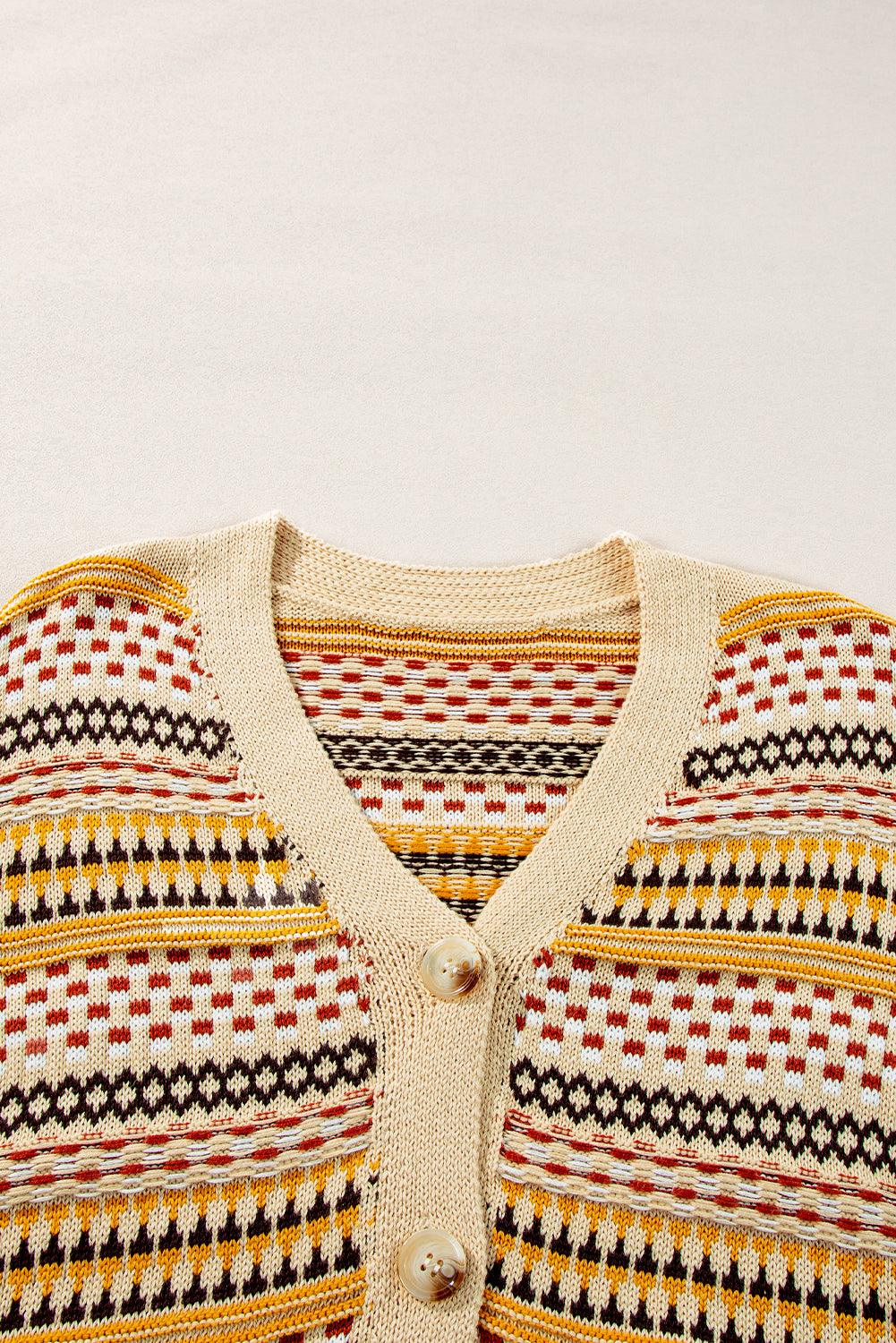 Khaki Geometric Pattern Button Front V Neck Cropped Cardigan - The Fair Lady Shop