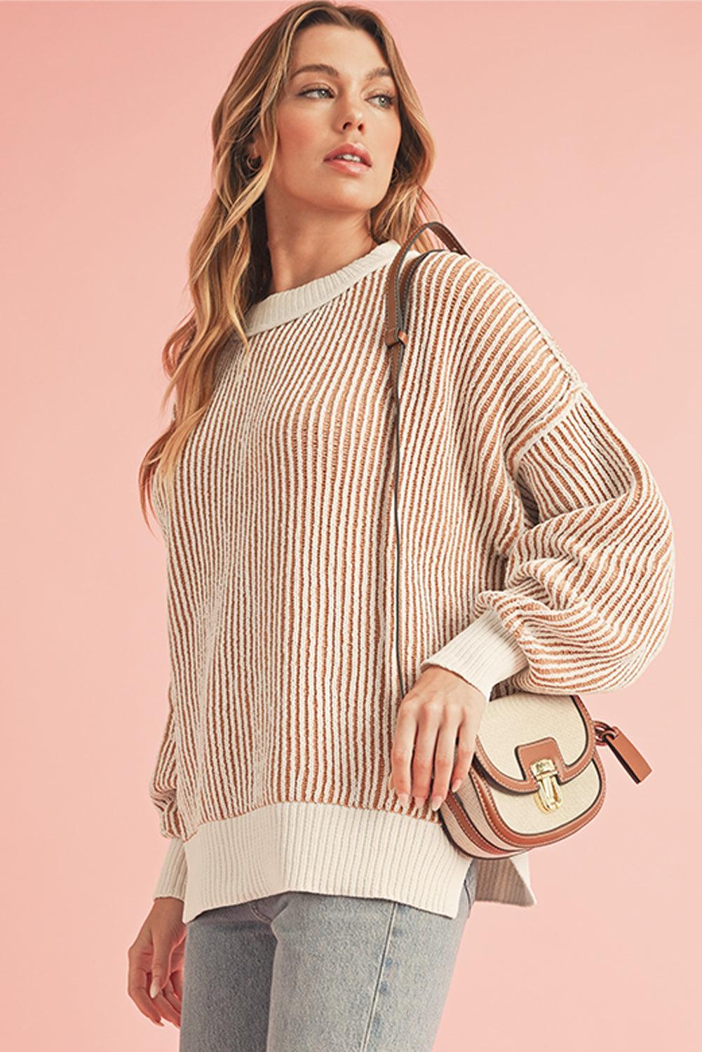 Chestnut Striped Contrast Trim Loose Sweater - The Fair Lady Shop