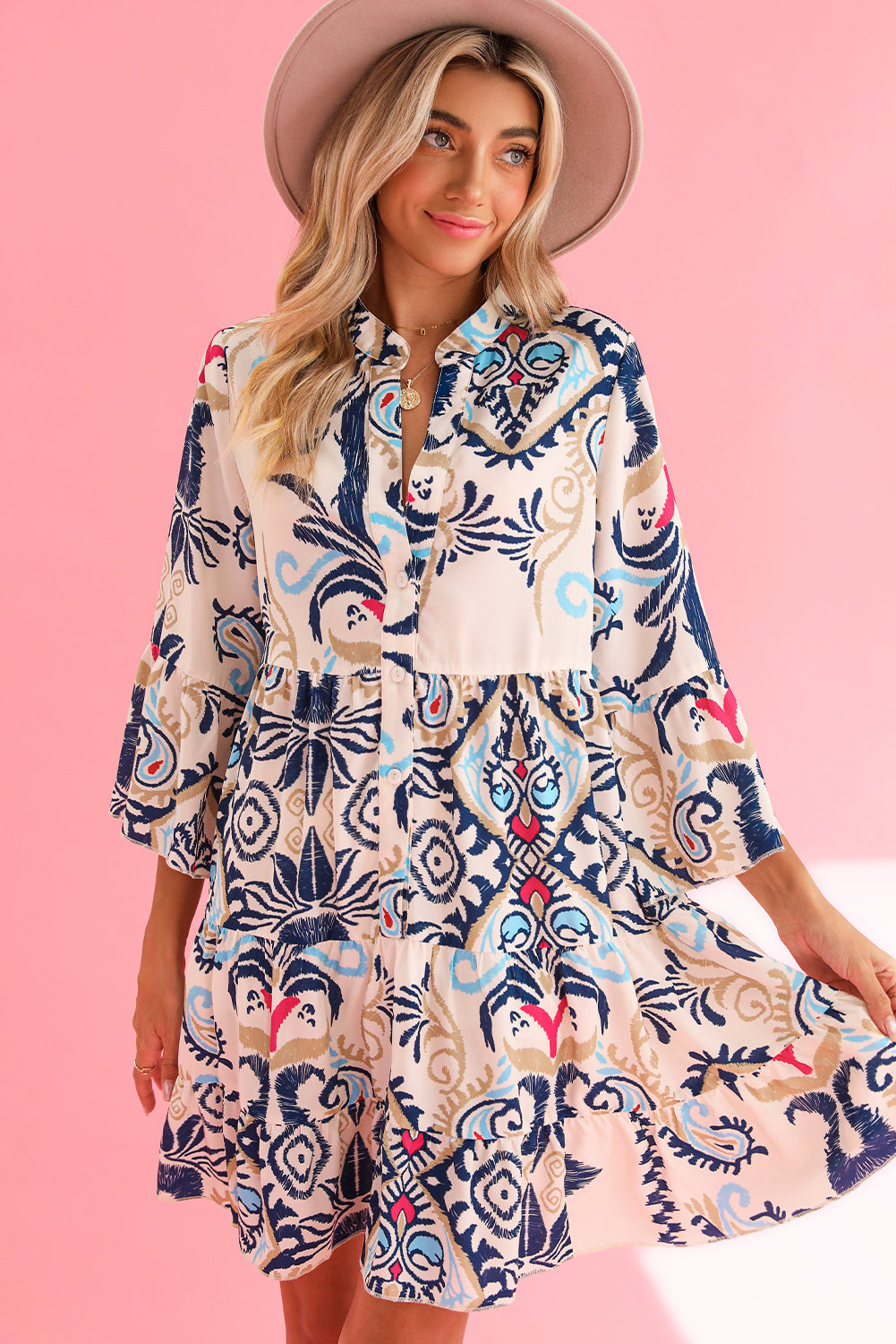 White Ethnic Print Boho Button Tiered Mini Dress - The Fair Lady Shop