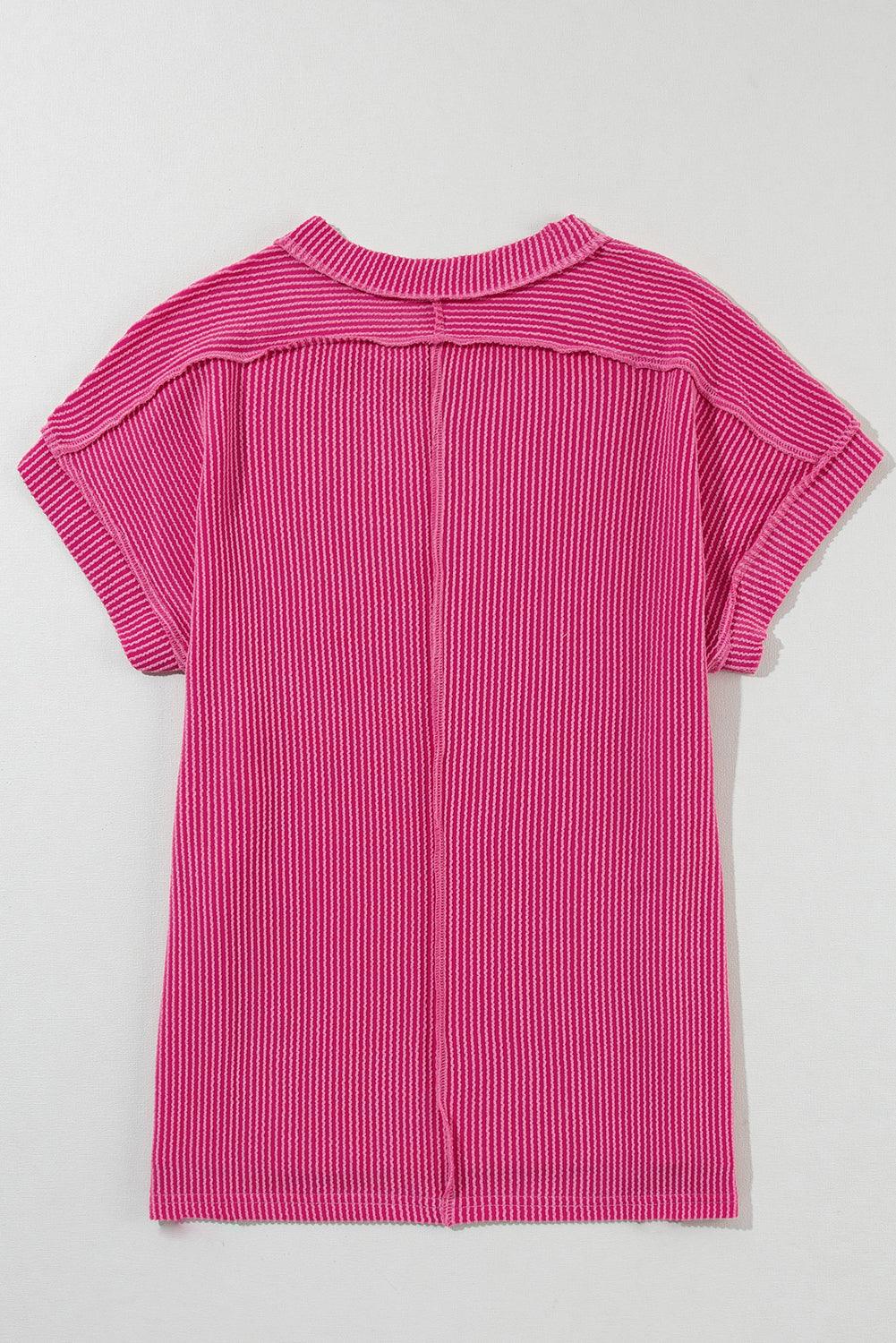 Medium Grey Ribbed Knit Exposed Seam Round Neck T-shirt - The Fair Lady Shop