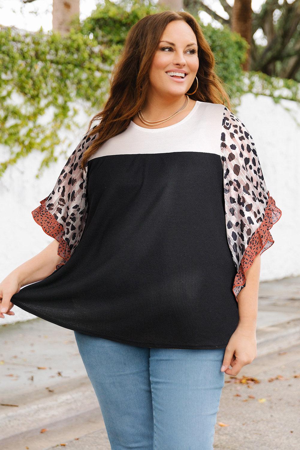 Black Rib Knit Animal Print Ruffle Sleeves Plus Size Top - The Fair Lady Shop