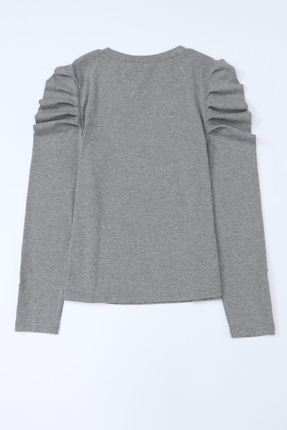 Khaki Plain Buttoned Puff Long Sleeve Sheath Top - The Fair Lady Shop
