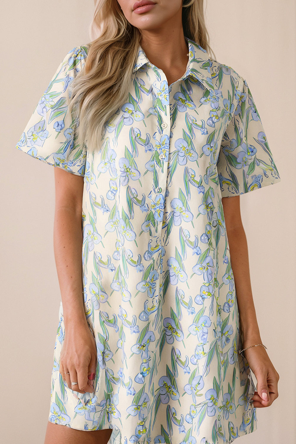 Green Floral Half Button Short Sleeve Mini Dress - The Fair Lady Shop