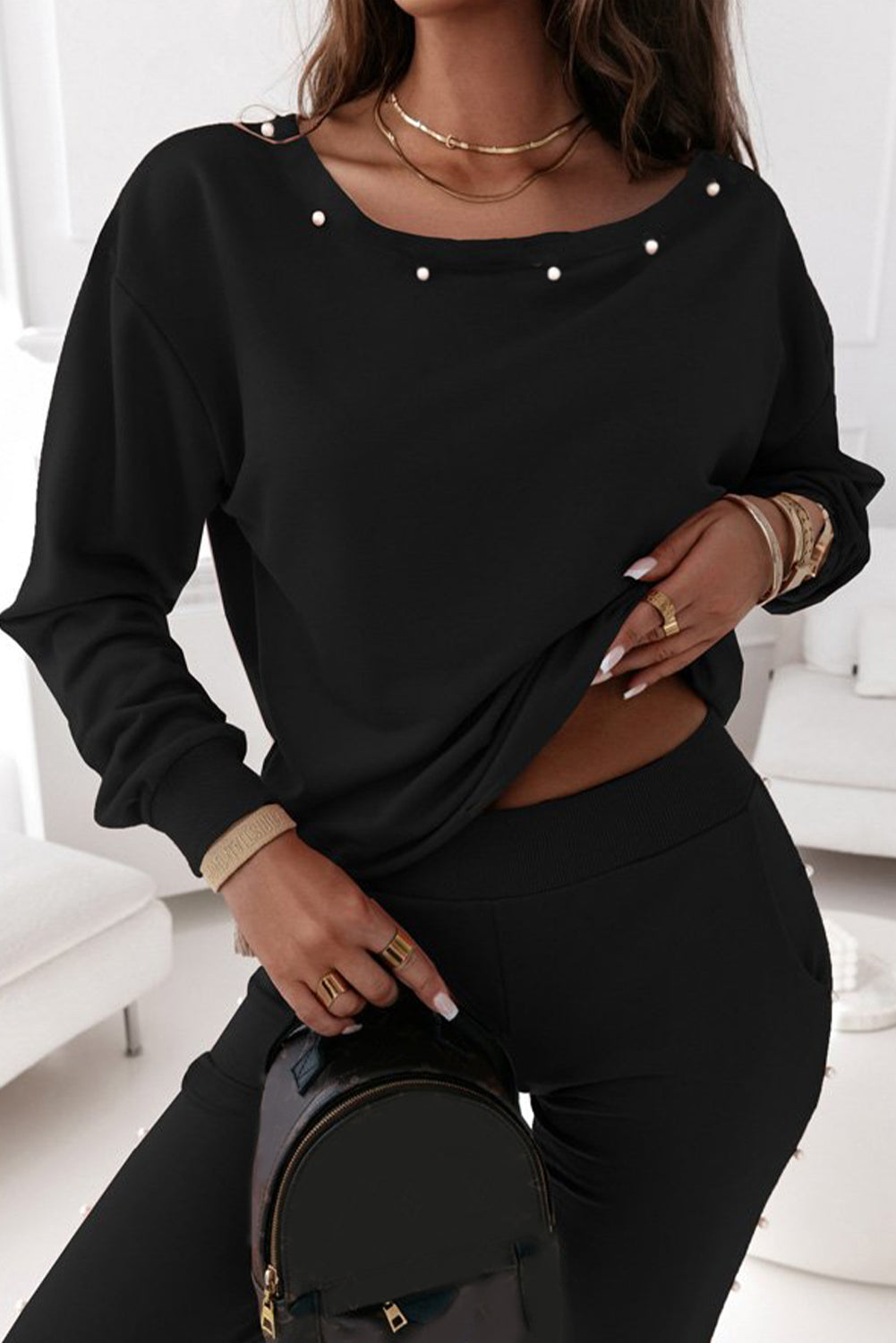 Black Beaded Decor Pullover And Jogger Pants Set - The Fair Lady Shop