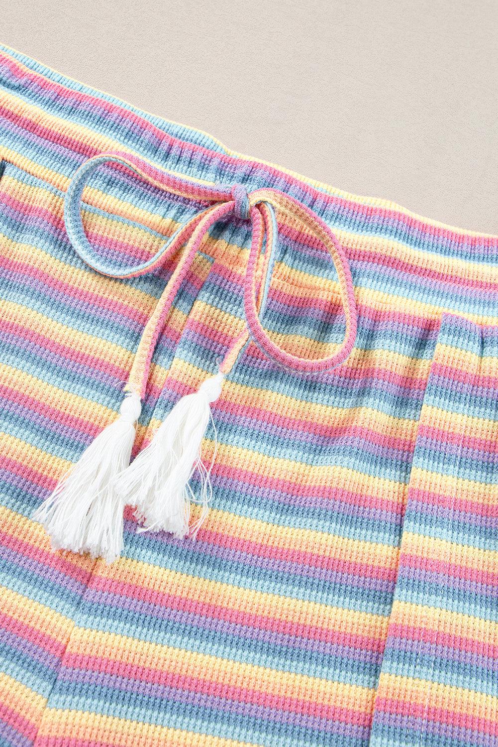 Yellow Stripe Rainbow Tee and Tassel Drawstring Wide Leg Pants Set - The Fair Lady Shop