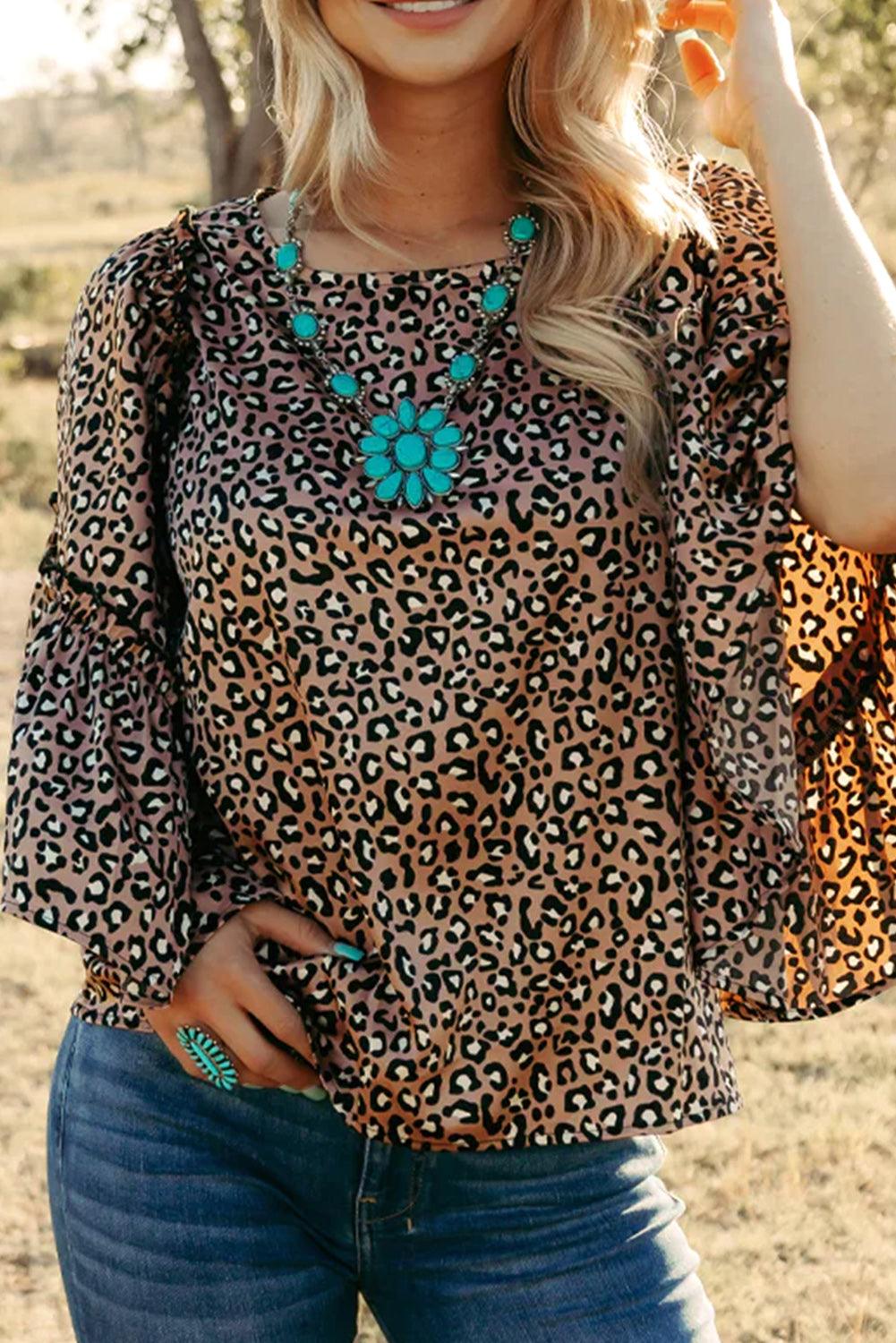 Chestnut Leopard Ruffle Flounce Sleeve Blouse - The Fair Lady Shop