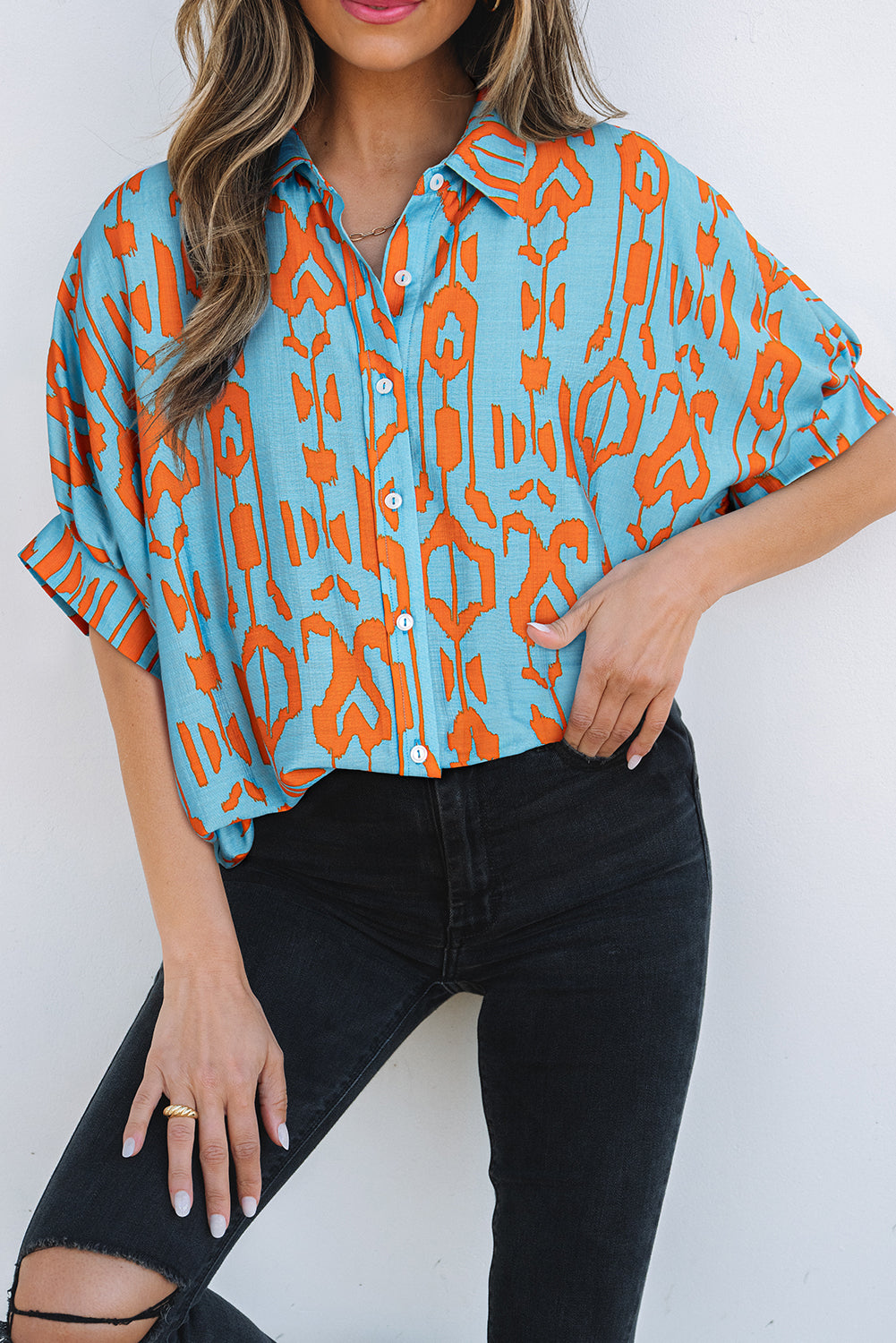 Sky Blue Abstract Print Short Sleeve Button Up Loose Shirt - The Fair Lady Shop