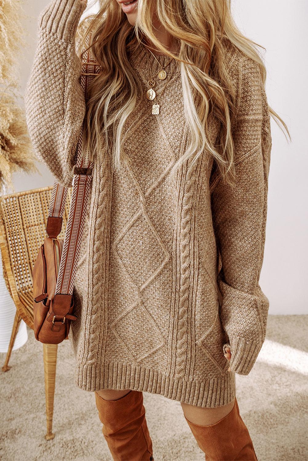 Parchment Twist Cable Knit Drop Shoulder Loose Fit Sweater Dress - The Fair Lady Shop