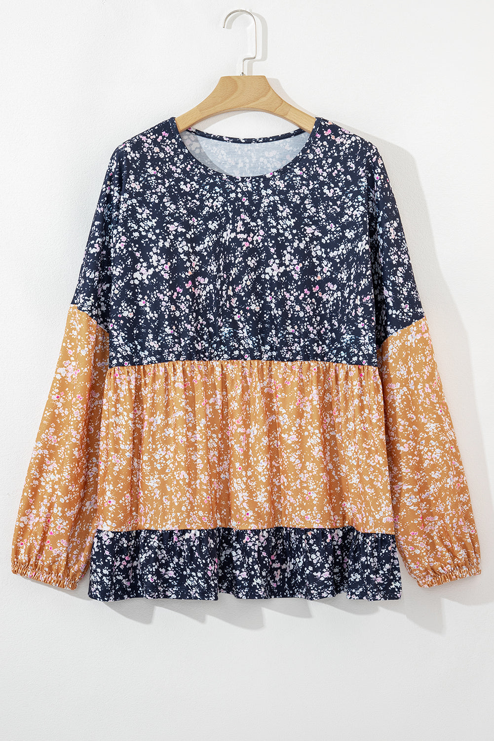 Blue Ditsy Floral Color Block Ruffle Hem Long Sleeve Top - The Fair Lady Shop