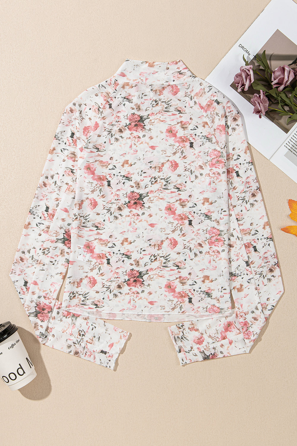 Pink Floral Print Mesh Mock Neck Slim Blouse - The Fair Lady Shop