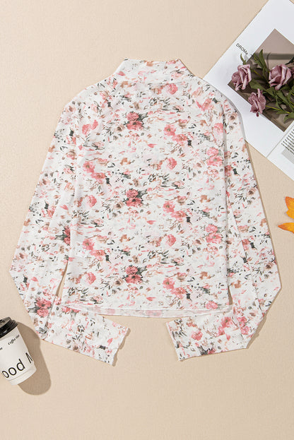 Pink Floral Print Mesh Mock Neck Slim Blouse - The Fair Lady Shop