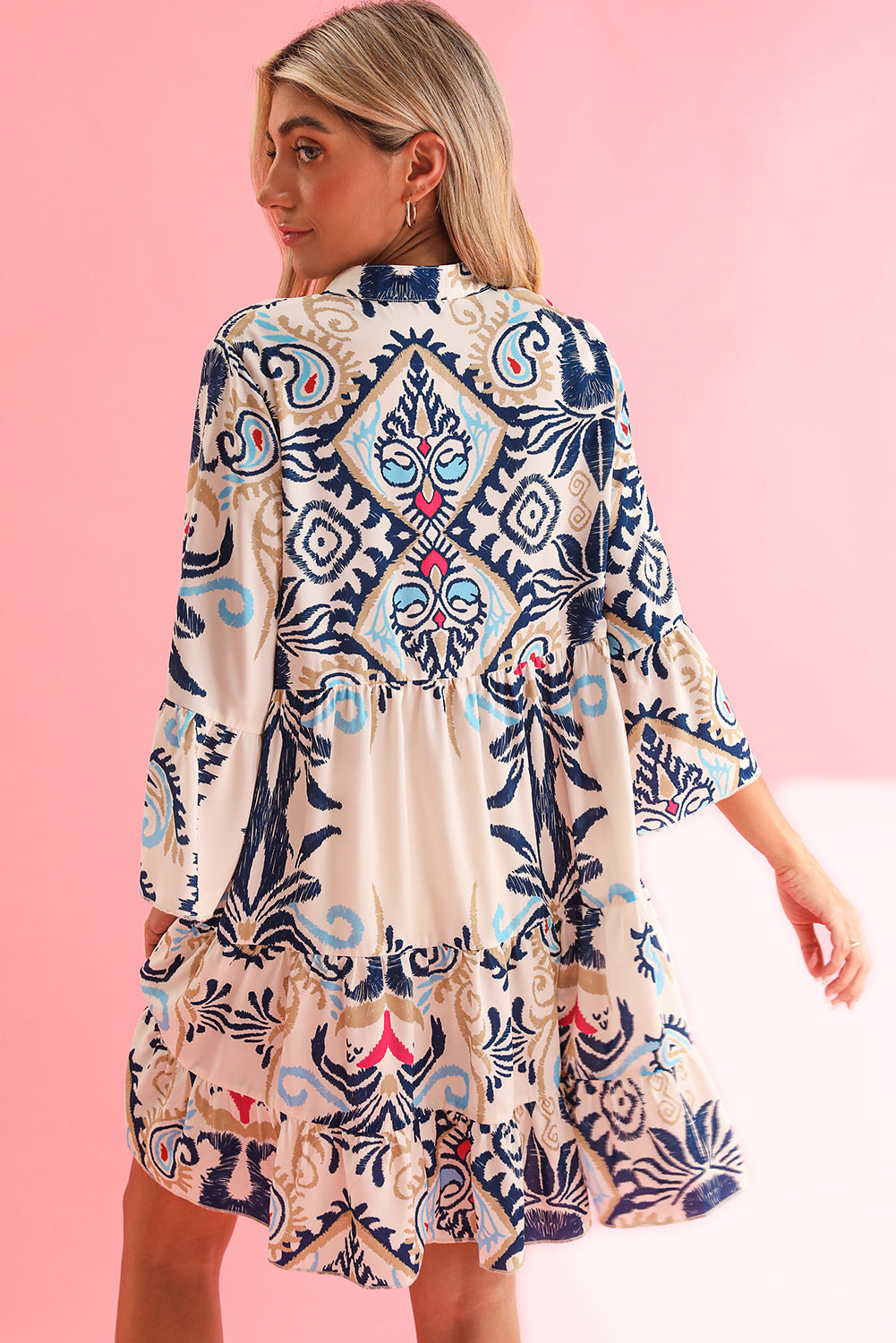 White Ethnic Print Boho Button Tiered Mini Dress - The Fair Lady Shop