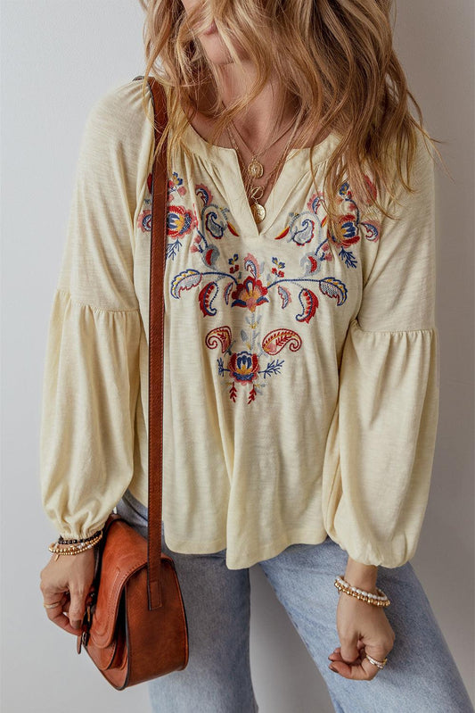 Apricot Paisley Floral Embroidered Notch V Neck Blouse - The Fair Lady Shop